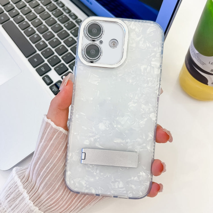 For iPhone 16 Plating Glitter Texture Fold Holder TPU Phone Case with Lens Film(White Shell Pattern) - iPhone 16 Cases by buy2fix | Online Shopping UK | buy2fix