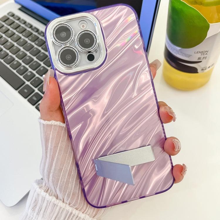 For iPhone 16 Plus Plating Glitter Texture Fold Holder TPU Phone Case with Lens Film(Purple Water Ripples) - iPhone 16 Plus Cases by buy2fix | Online Shopping UK | buy2fix