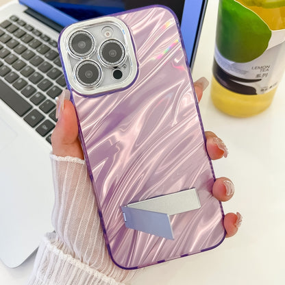 For iPhone 16 Pro Plating Glitter Texture Fold Holder TPU Phone Case with Lens Film(Purple Feathers) - iPhone 16 Pro Cases by buy2fix | Online Shopping UK | buy2fix