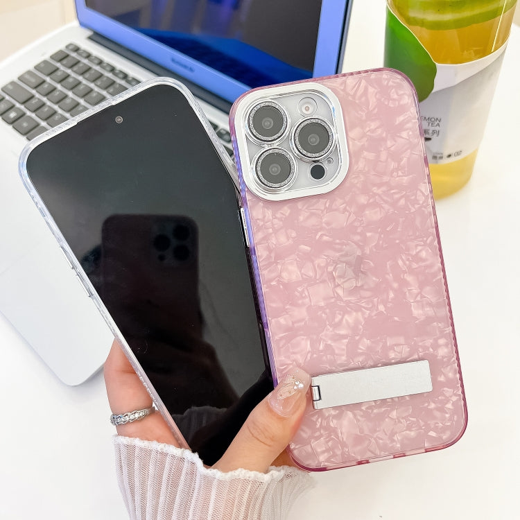 For iPhone 16 Pro Max Plating Glitter Texture Fold Holder TPU Phone Case with Lens Film(Purple Feather Yarn) - iPhone 16 Pro Max Cases by buy2fix | Online Shopping UK | buy2fix