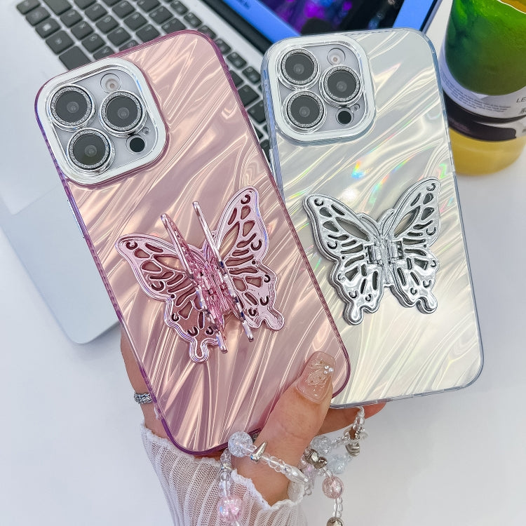 For iPhone 16 Pro Max Plating Glitter Lens Film Texture Butterfly Holder Wristband Phone Case(White Shell Pattern) - iPhone 16 Pro Max Cases by buy2fix | Online Shopping UK | buy2fix