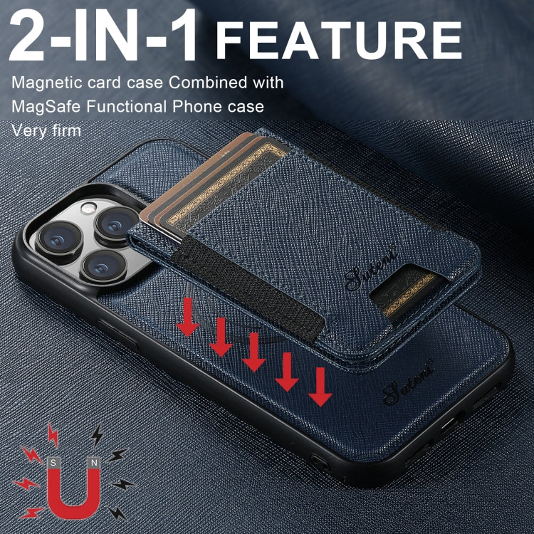 For iPhone 16 Suteni H17 Cross Grain Leather MagSafe Detachable Wallet Phone Case(Blue) - iPhone 16 Cases by Suteni | Online Shopping UK | buy2fix