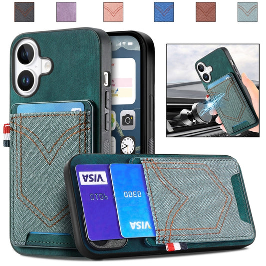 For iPhone 16 Denim Texture Leather Skin Phone Case with Card Slot(Green) - iPhone 16 Cases by buy2fix | Online Shopping UK | buy2fix