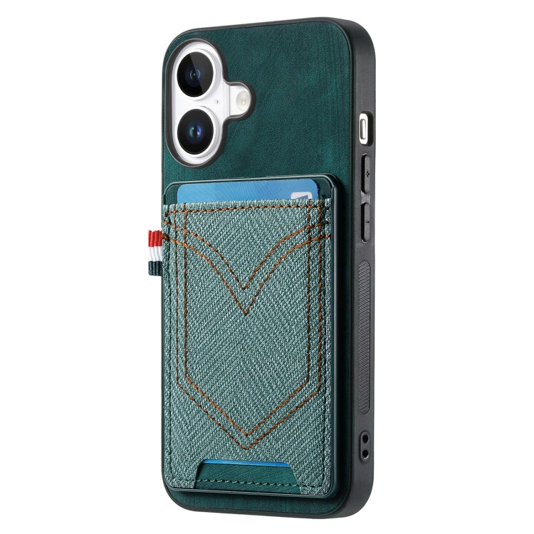 For iPhone 16 Plus Denim Texture Leather Skin Phone Case with Card Slot(Green) - iPhone 16 Plus Cases by buy2fix | Online Shopping UK | buy2fix