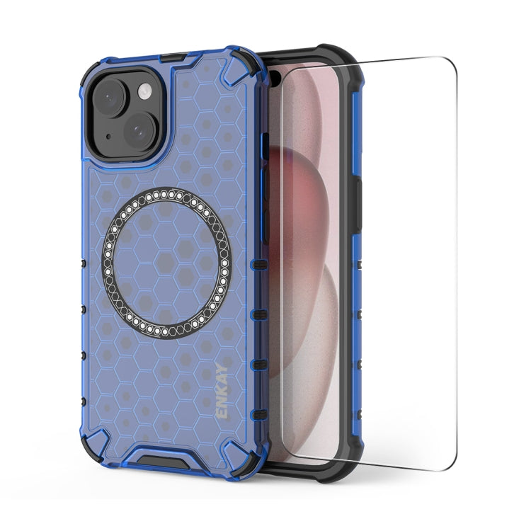 For iPhone 14 Plus ENKAY Hat-Prince Honeycomb MagSafe Shockproof Phone Case with Large Arc Edge Film(Blue) - iPhone 14 Plus Cases by ENKAY | Online Shopping UK | buy2fix