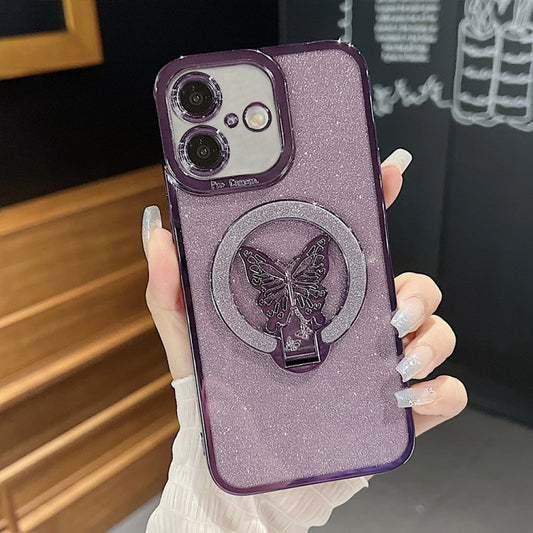 For iPhone 16 Plating Glitter Butterfly Holder Phone Case(Purple) - iPhone 16 Cases by buy2fix | Online Shopping UK | buy2fix