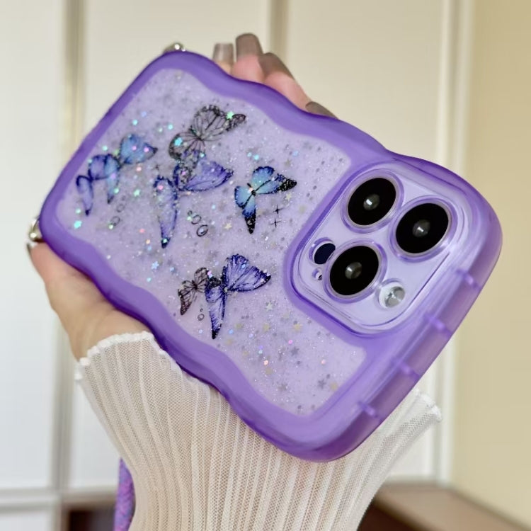 For iPhone 16 Pro Crossbody Wave Edge Butterfly TPU Phone Case(Purple) - iPhone 16 Pro Cases by buy2fix | Online Shopping UK | buy2fix