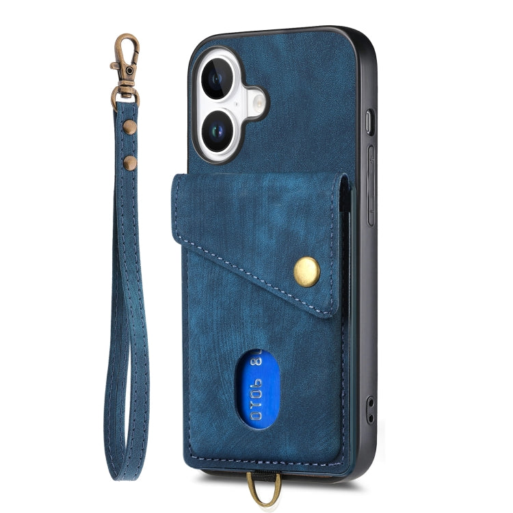 For iPhone 16 Retro Card Wallet Fold Leather Phone Case with Strap(Blue) - iPhone 16 Cases by buy2fix | Online Shopping UK | buy2fix