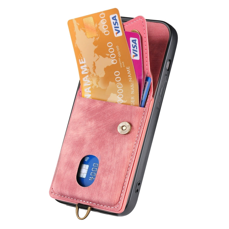 For iPhone 16 Retro Card Wallet Fold Leather Phone Case with Strap(Pink) - iPhone 16 Cases by buy2fix | Online Shopping UK | buy2fix