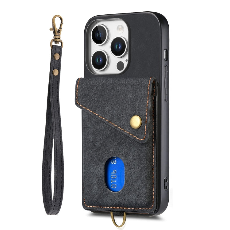 For iPhone 16 Pro Max Retro Card Wallet Fold Leather Phone Case with Strap(Black) - iPhone 16 Pro Max Cases by buy2fix | Online Shopping UK | buy2fix