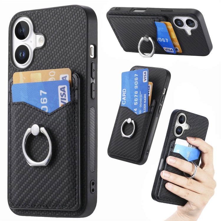 For iPhone 16 Carbon Fiber Card Wallet Ring Phone Case(Black) - iPhone 16 Cases by buy2fix | Online Shopping UK | buy2fix