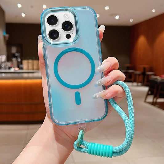 For iPhone 16 Pro Bright Shadow  Magsafe Discoloration Phone Case with Wrist Strap(Blue) - iPhone 16 Pro Cases by buy2fix | Online Shopping UK | buy2fix