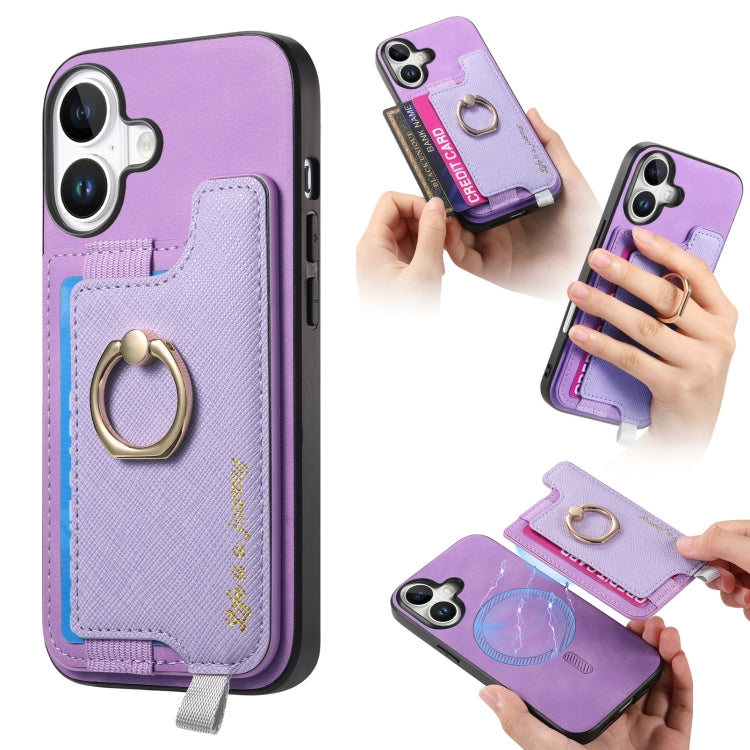 For iPhone 16 Retro Magsafe Cross Leather Ring Holder Card Bag Phone Case(Purple) - iPhone 16 Cases by buy2fix | Online Shopping UK | buy2fix