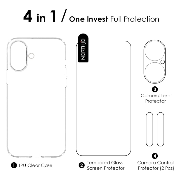 For iPhone 16 NORTHJO 4 in 1 TPU Phone Case with Screen Film and Lens Film and Camera Control Button Cover(Clear) - iPhone 16 Cases by NORTHJO | Online Shopping UK | buy2fix