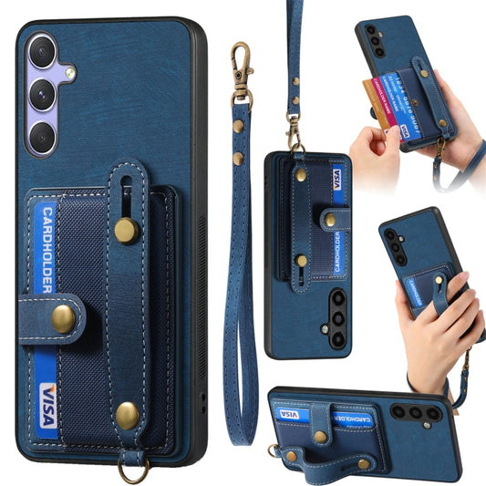 For Samsung Galaxy S25 5G Retro Cross Wristband Wallet Leather Back Phone Case(Blue) - Galaxy S25 5G Cases by buy2fix | Online Shopping UK | buy2fix