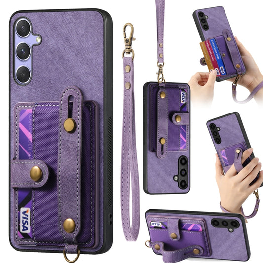 For Samsung Galaxy S25+ 5G Retro Cross Wristband Wallet Leather Back Phone Case(Purple) - Galaxy S25+ 5G Cases by buy2fix | Online Shopping UK | buy2fix