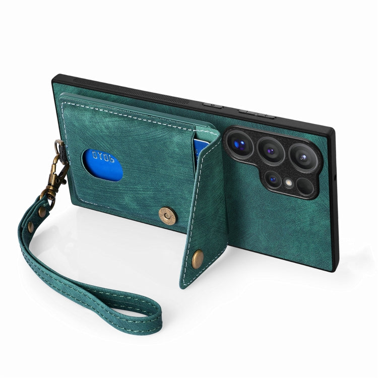 For Samsung Galaxy S25 Ultra 5G Retro Card Wallet Fold Leather Phone Case with Strap(Green) - Galaxy S25 Ultra 5G Cases by buy2fix | Online Shopping UK | buy2fix