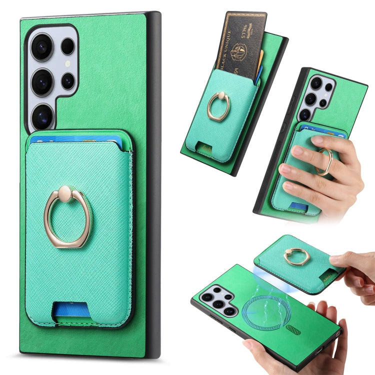 For Samsung Galaxy S25 Ultra 5G Retro Cross Leather Ring Vertical Insert Card Bag MagSafe Phone Case(Green) - Galaxy S25 Ultra 5G Cases by buy2fix | Online Shopping UK | buy2fix