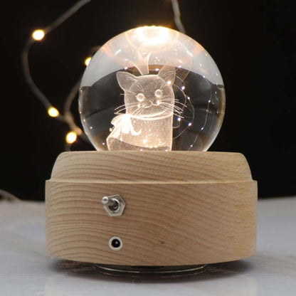 Girl Bedside Lamp Crystal Ball Wooden Base Music Box Charging Glow Rotating Night Light, Random Music(Cat) - Novelty Lighting by buy2fix | Online Shopping UK | buy2fix