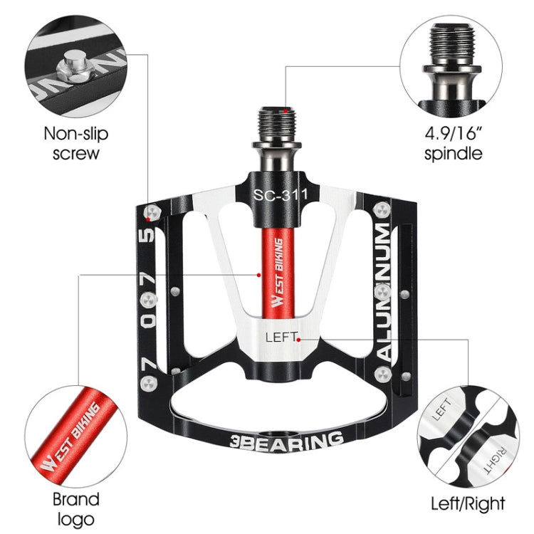 1pair WEST BIKING YP0802083 Mountain Bike Aluminum Alloy Pedal Lightweight Bearing Foot Pedal(Red) - Pedals by WEST BIKING | Online Shopping UK | buy2fix