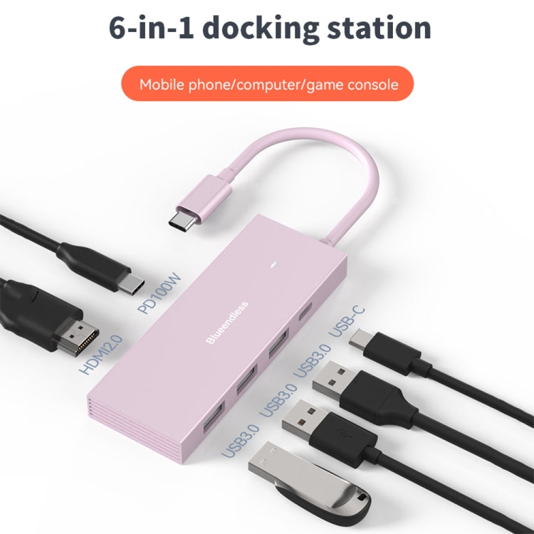 Blueendless 4K60Hz + Data Port Type-C Docking Station USB3.0 Splitter, Spec: 7-in-1 Card Reading Pink - USB HUB by Blueendless | Online Shopping UK | buy2fix