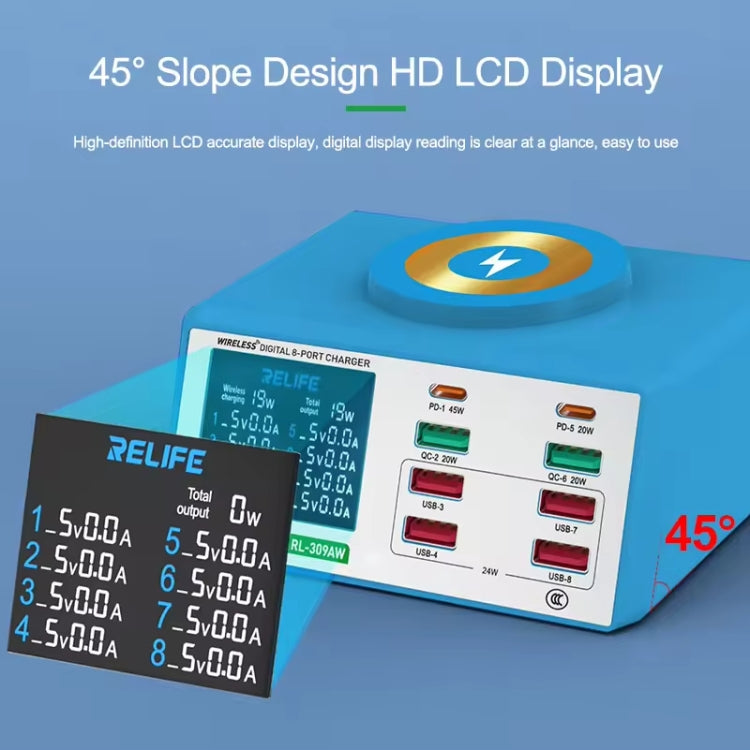 RELIFE RL-309AW  QC3.0 PD Fast Wireless Charger With LCD Display 8 Ports(US Plug) - Multifunction Charger by RELIFE | Online Shopping UK | buy2fix