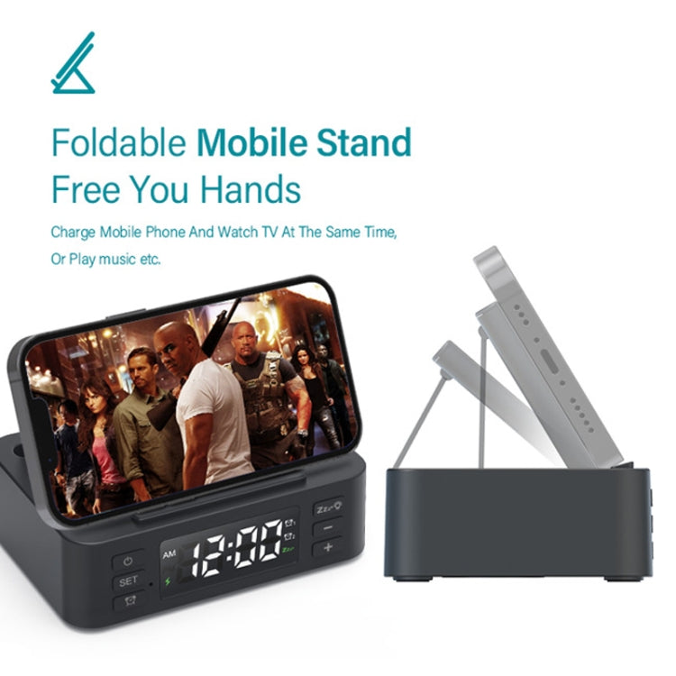 Wireless Charger Alarm Clock Foldable Mobile Stand With Pen Holder & Dual USB +1 Type-C Output(Black) - Multifunction Charger by buy2fix | Online Shopping UK | buy2fix