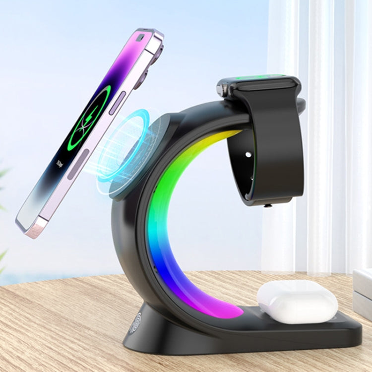 T17 3-in-1 RGB Atmosphere Light MagSafe Phone Watch Earphone Wireless Charger, Color: White with AU Plug - Wireless Charger by buy2fix | Online Shopping UK | buy2fix
