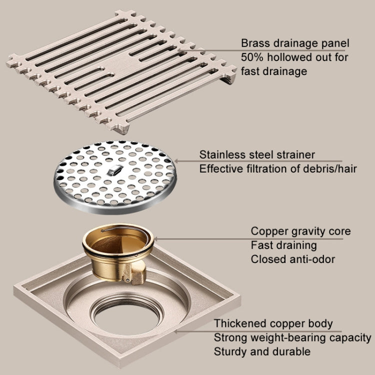 All Copper Brushed Anti-Odor Floor Drain Gravity Copper Core Bathroom Floor Drain, Specification: Square Invisible - Drain Strainers by buy2fix | Online Shopping UK | buy2fix