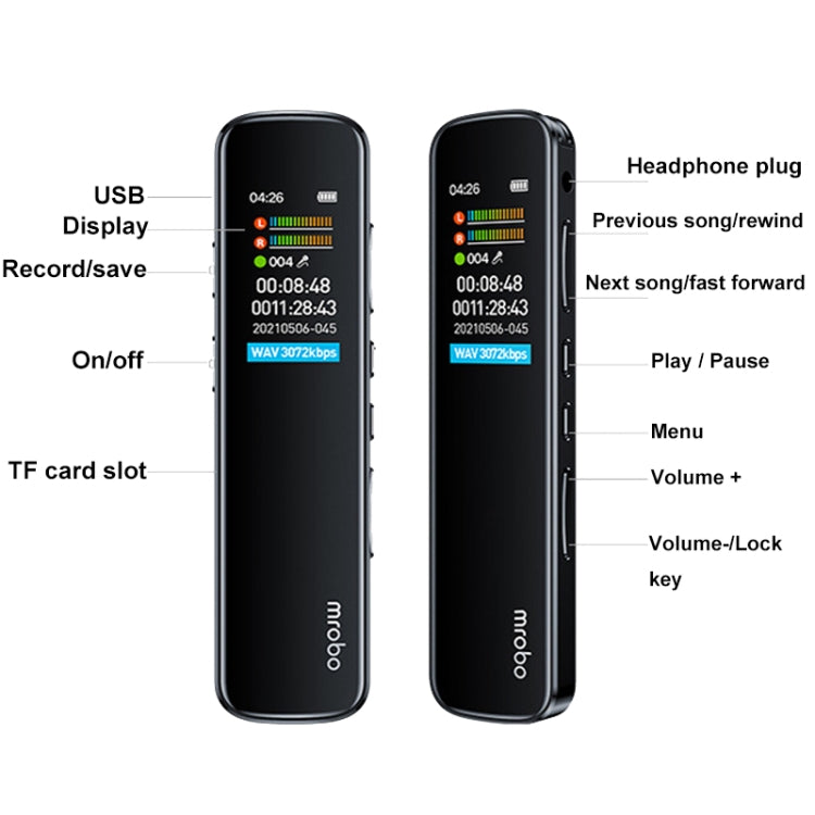 Mrobo RV-19 0.96-inch HD Screen 3D Noise Reduction Recording Pen Music Player, Capacity: 16 GB(Black) - Recording Pen by Mrobo | Online Shopping UK | buy2fix