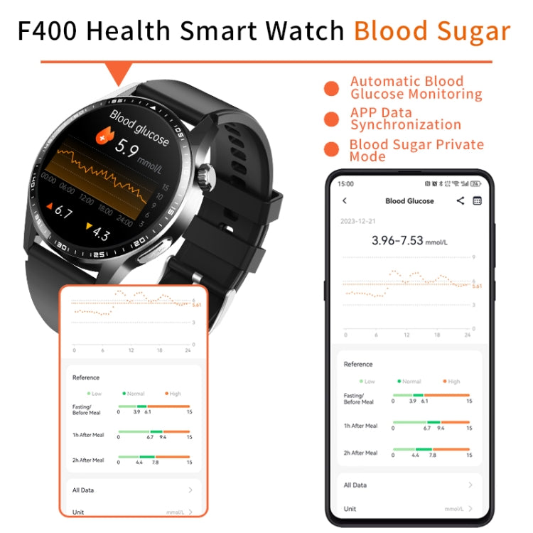 F400  1.55 Inch Screen Smart Watch Support ECG/ Blood Oxygen / Blood Sugar / 150+ Sports Mode, Color: Black Silicone - Smart Watches by buy2fix | Online Shopping UK | buy2fix