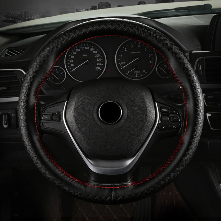 38cm Four-season Embossed Hand-sewn Cowhide Steering Wheel Cover(Black+Black Line) - Steering Wheel Accessories by buy2fix | Online Shopping UK | buy2fix