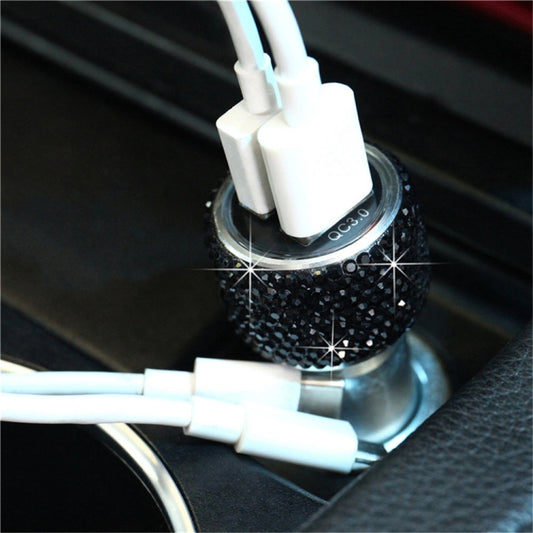 Car Diamond Aluminium Alloy QC3.0 Dual USB Quick Charger(Black) - In Car by buy2fix | Online Shopping UK | buy2fix
