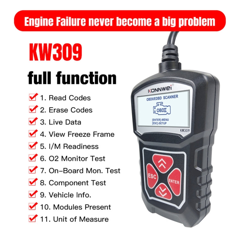 KONNWEI KW309 V309 V310 MS309 Code Reader OBD2 Scanner Diagnostic Tool(Black) - Code Readers & Scan Tools by KONNWEI | Online Shopping UK | buy2fix