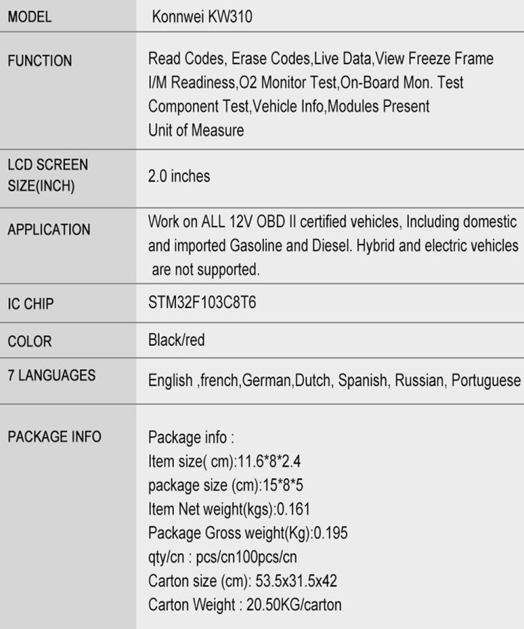 KONNWEI KW310 OBD Car Fault Detector Code Reader ELM327 OBD2 Scanner Diagnostic Tool(Red) - In Car by KONNWEI | Online Shopping UK | buy2fix