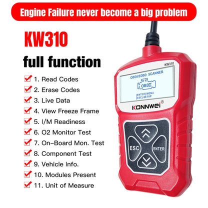KONNWEI KW310 OBD Car Fault Detector Code Reader ELM327 OBD2 Scanner Diagnostic Tool(Red) - In Car by KONNWEI | Online Shopping UK | buy2fix