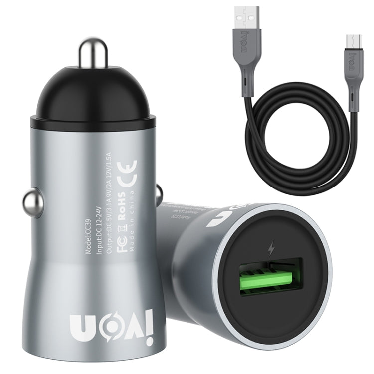 IVON CC39 18W 3.1A QC 3.0 USB Car Charger + 1m USB to USB-C / Type-C Fast Charge Data Cable Set - In Car by IVON | Online Shopping UK | buy2fix