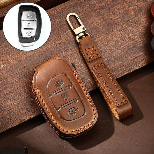 Hallmo Car Cowhide Leather Key Protective Cover Key Case for Hyundai IX35 B Style (Brown) - In Car by buy2fix | Online Shopping UK | buy2fix