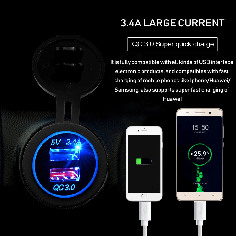 Universal Car QC3.0 Dual Port USB Charger Power Outlet Adapter 5V 2.4A IP66 with 60cm Cable(Blue Light) - In Car by buy2fix | Online Shopping UK | buy2fix