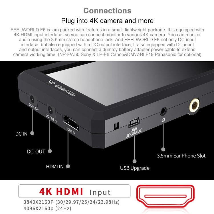 FEELWORLD F6 1920x1080 5.5 inch IPS Screen HDMI 4K Camera Field Monitor - Camera Accessories by FEELWORLD | Online Shopping UK | buy2fix