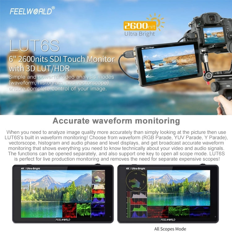 FEELWORLD LUT6S 1920x1080 2600 nits 6 inch IPS Screen HDMI 4K Touch Screen SDI HDI Camera Field Monitor - On-camera Monitors by FEELWORLD | Online Shopping UK | buy2fix