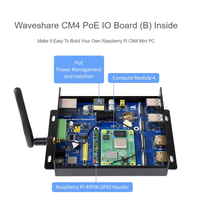 Waveshare PoE Mini-Computer Type B Base Box with Metal Case & Cooling Fan for Raspberry Pi CM4(US Plug) - Mini PC Accessories by WAVESHARE | Online Shopping UK | buy2fix