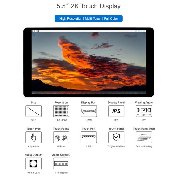 Waveshare 5.5 inch 1440 x 2560 2K Capacitive Touch LCD Display IPS Screen for Raspberry Pi , HDMI Interface - Consumer Electronics by WAVESHARE | Online Shopping UK | buy2fix