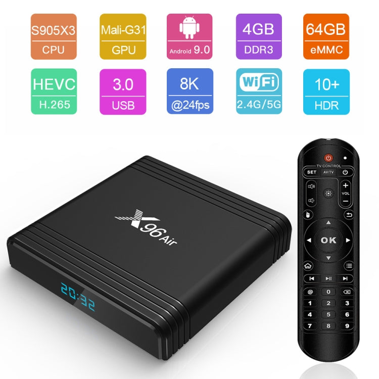 X96 Air 8K Smart TV BOX Android 9.0 Media Player with Remote Control, Quad-core Amlogic S905X3, RAM: 2GB, ROM: 16GB, Dual Band WiFi, US Plug - Consumer Electronics by buy2fix | Online Shopping UK | buy2fix