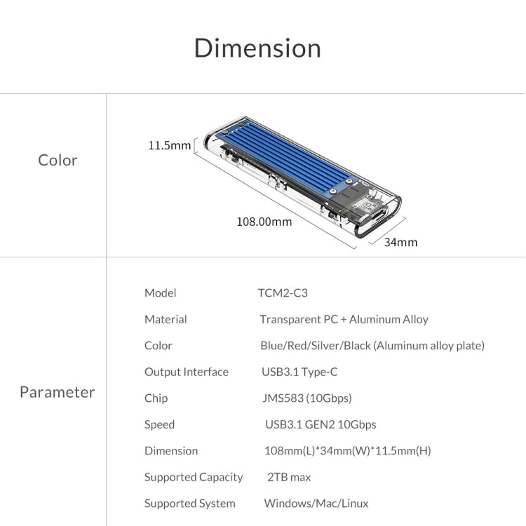 ORICO TCM2-C3 NVMe M.2 SSD Enclosure (10Gbps) -  by ORICO | Online Shopping UK | buy2fix