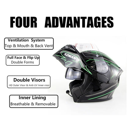 Soman 955 Skyeye Motorcycle Full / Open Face Bluetooth Helmet Headset Full Face, Supports Answer / Hang Up Calls(Black Green) - Helmets by SOMAN | Online Shopping UK | buy2fix