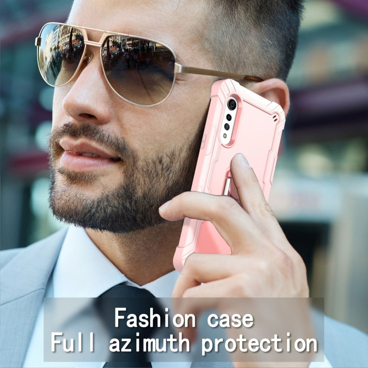 For LG Velvet PC + Rubber 3-layers Shockproof Protective Case with Rotating Holder(Rose Gold) - Mobile Accessories by buy2fix | Online Shopping UK | buy2fix