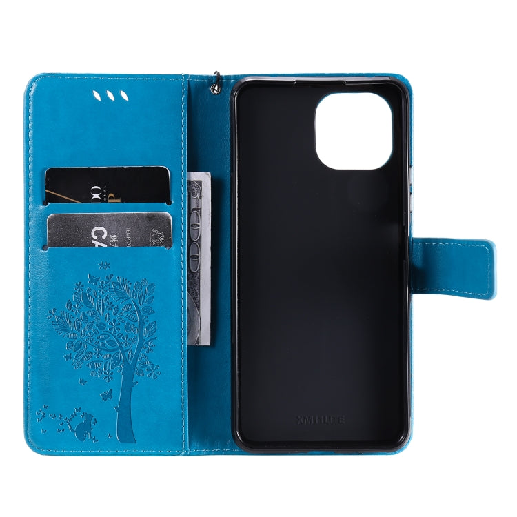 For Xiaomi Mi 11 Lite 5G Tree & Cat Pattern Pressed Printing Horizontal Flip PU Leather Case with Holder & Card Slots & Wallet & Lanyard(Blue) - Xiaomi Cases by Diaobaolee | Online Shopping UK | buy2fix