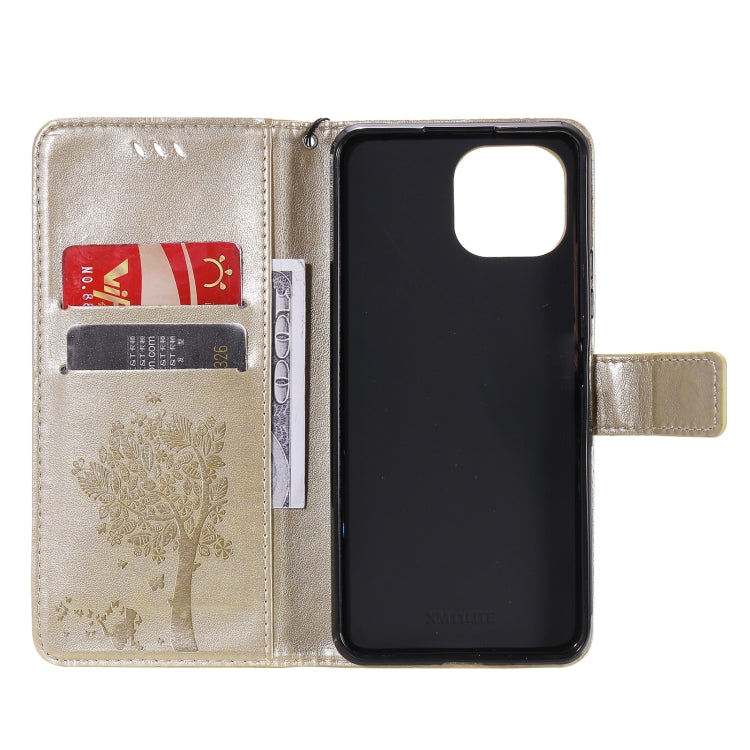 For Xiaomi Mi 11 Lite 5G Tree & Cat Pattern Pressed Printing Horizontal Flip PU Leather Case with Holder & Card Slots & Wallet & Lanyard(Gold) - Xiaomi Cases by Diaobaolee | Online Shopping UK | buy2fix