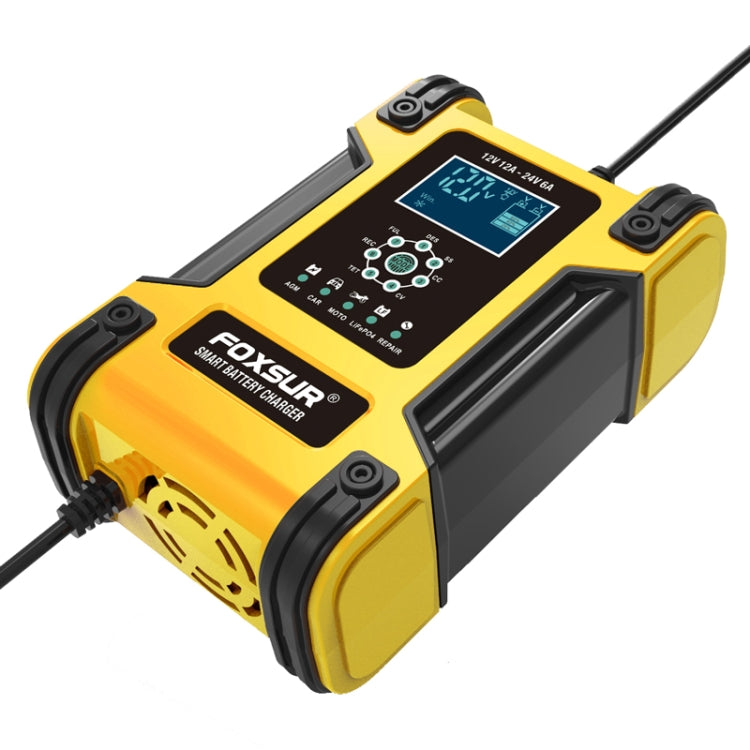 FOXSUR 12A / 12V / 24V Car / Motorcycle 7-stage Lead-acid Battery AGM Charger, Plug Type:UK Plug(Yellow) - In Car by FOXSUR | Online Shopping UK | buy2fix